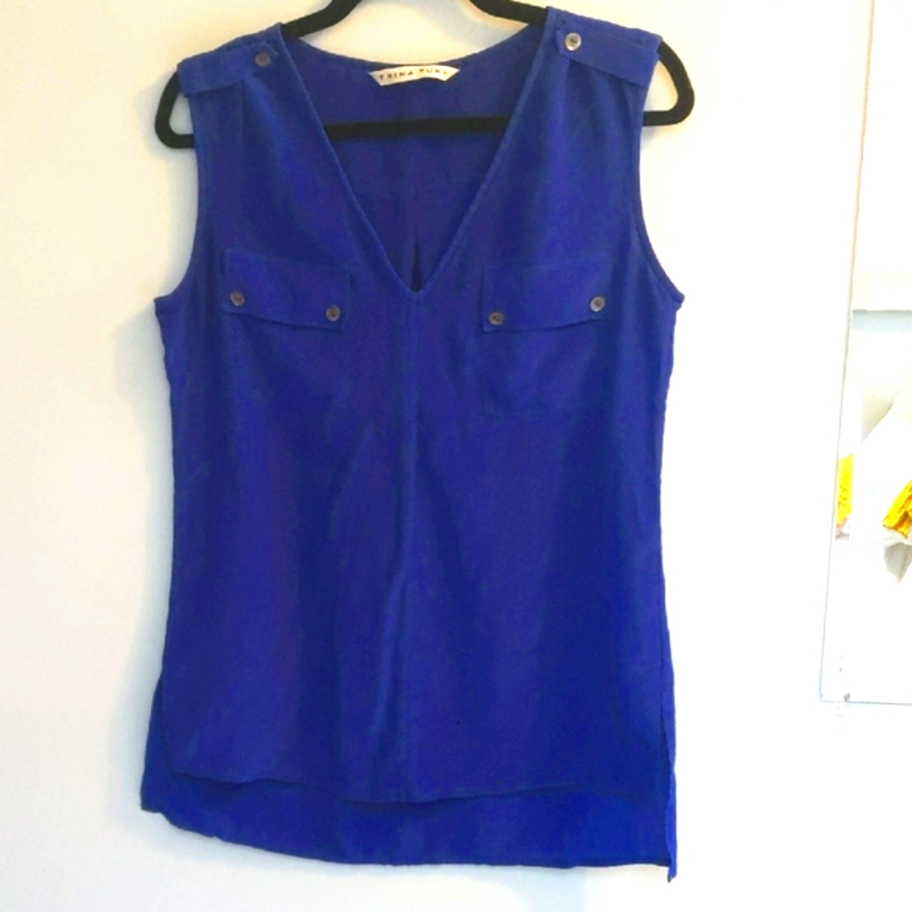 Trina Turk Blue Silk Blouse with V-Neck and Flowing Fit